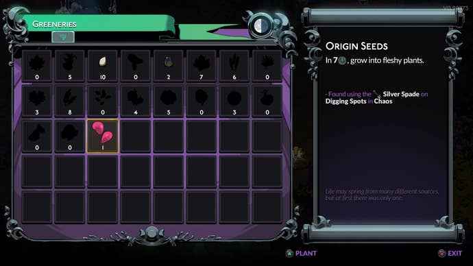 The player selects some Origin Seeds from their inventory of plants and seeds in Hades 2.