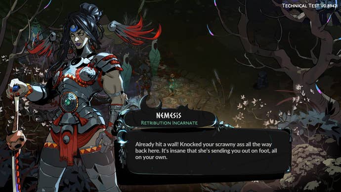 The ancient Greek figure of Nemesis goads the player in Hades 2