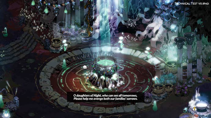 Melinoë beseeches the three Fates with a rhyme over a cauldron in Hades 2