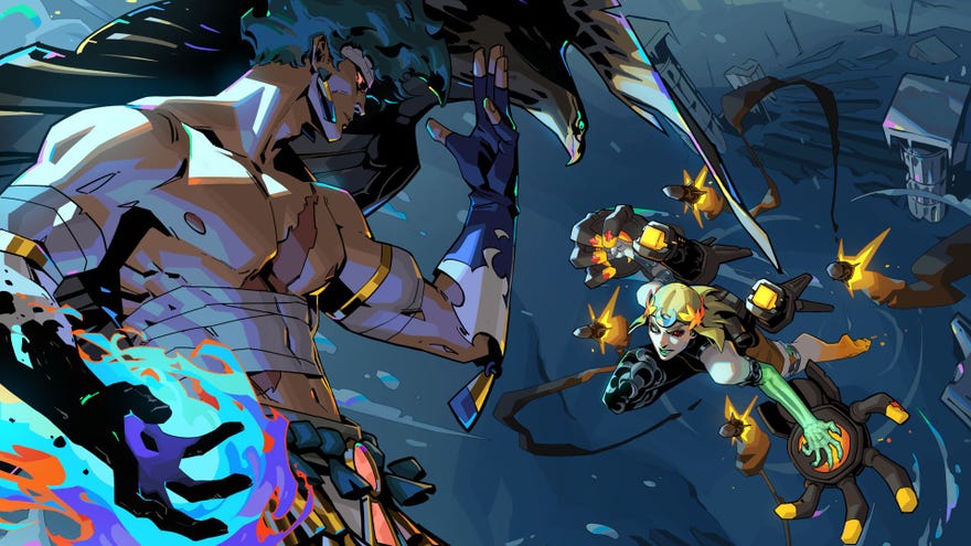 Mel charges at the Titan Prometheus, who guards with one arm while charging a spell with the other.