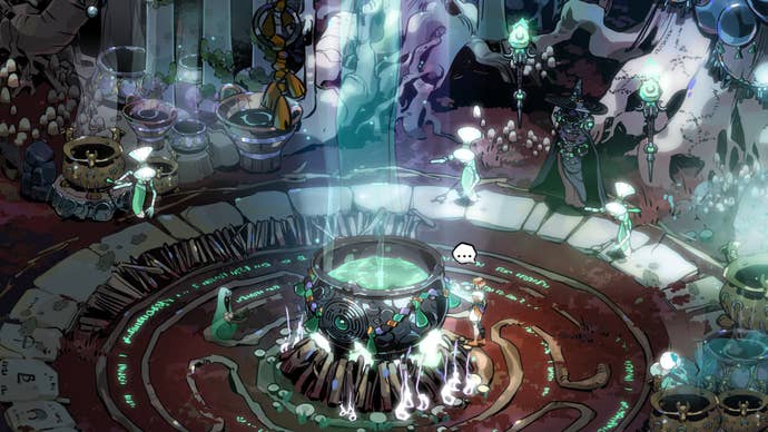 Hades 2’s Melinoe standing near a giant cauldron with moonlight shining down on it.