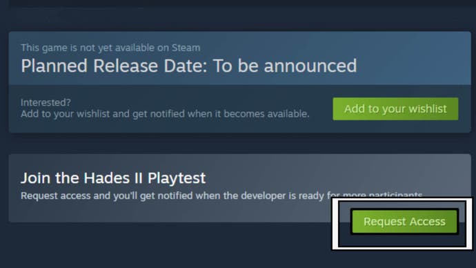 Hades 2 requests access to the playtest option highlighted on the Steam store page.