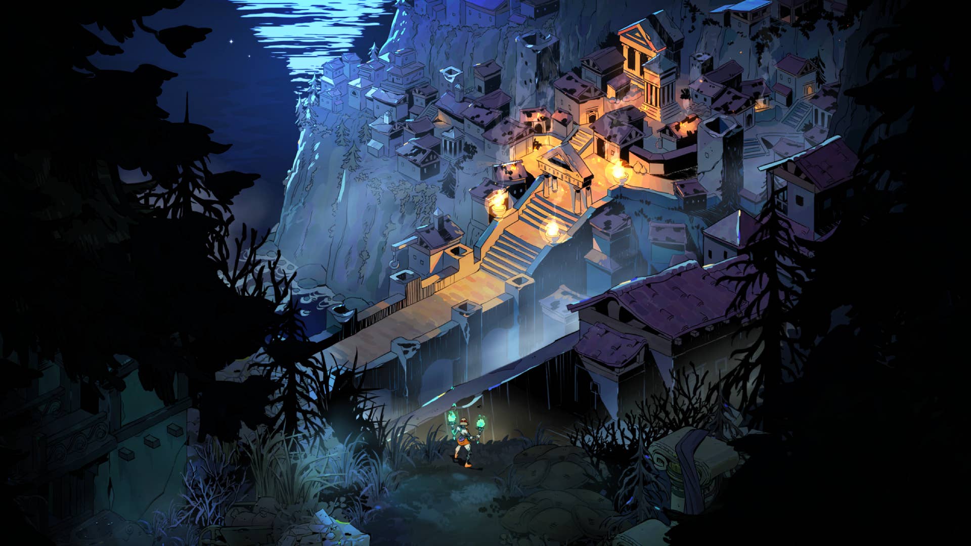 Melinoë looking out over the path to Olympus in Hades 2.