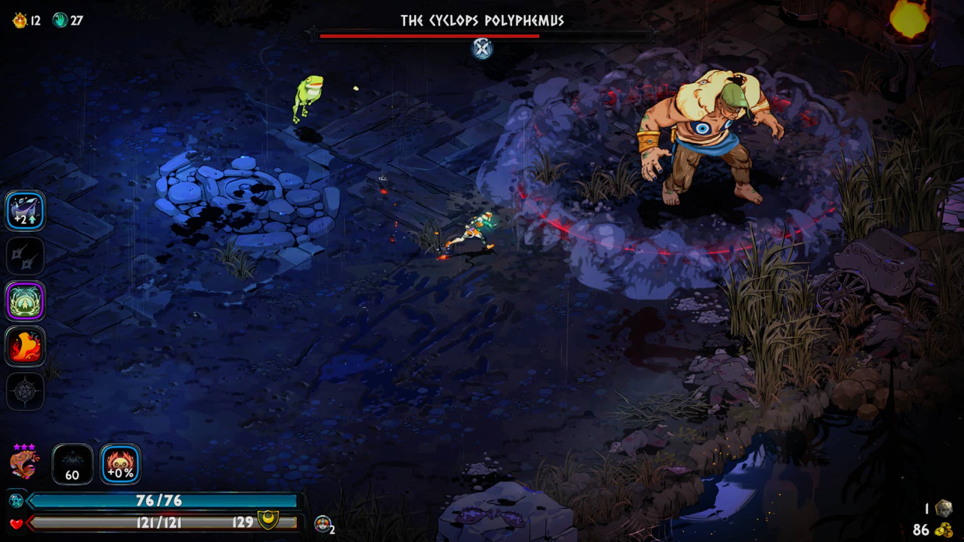 Melinoe moves to strike the cyclops Polyphemus in Hades 2.