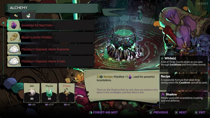 The Alchemy tab of the cauldron in Hades 2, with the Shadow Extraction recipe highlighted.