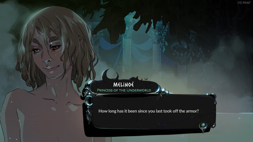 Melinoe at the Hot Springs in Hades 2.