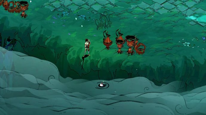 Zagreus, the main character in hades, pausing to do a bit of fishing on his escape from hell