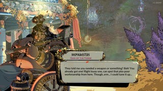 Hephaestus goads the player in Hades 2, talking about weapons.