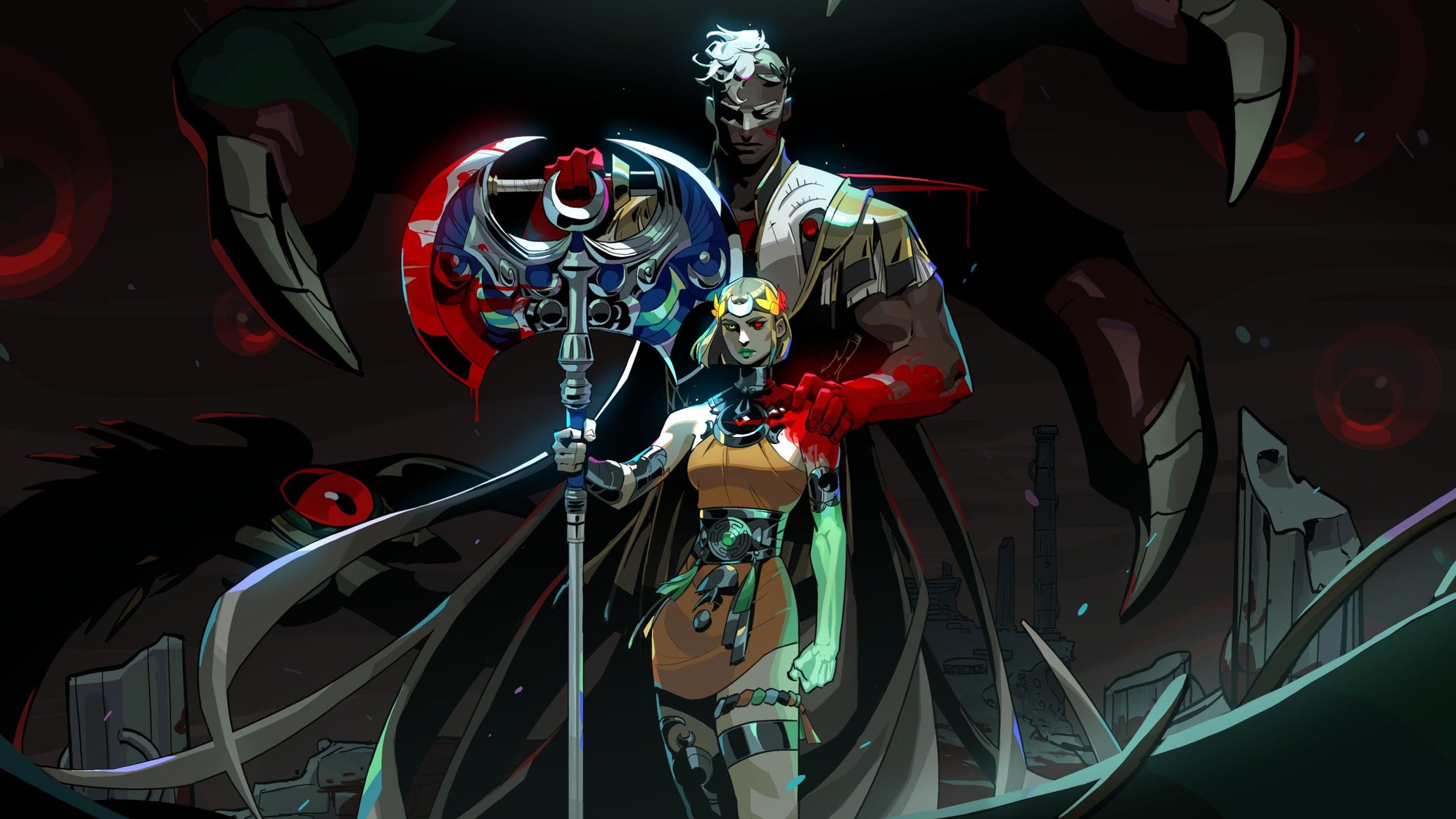 The god of war Ares stands behind the axe-wielding hero of Hades 2 with his hand on her shoulder. - 1