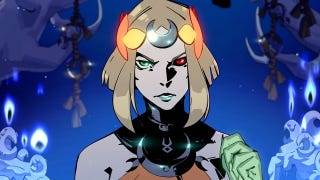 Close up of Hades 2 blonde-haired witch protagonist Melinoë on blue background