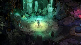 Hades 2's protagonist Melinoë stands in the centre of the screen in a shaft of yellow-green light. Around the edges of the circular arena in which she stands are stones with runic carvings, a number of tiny spectral figures, and a very large frog.