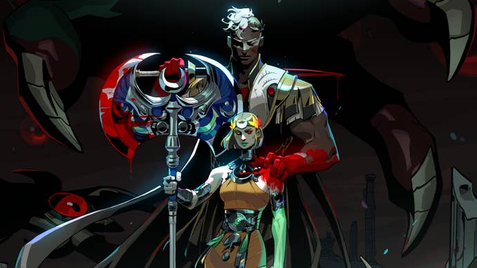 Hades 2 artwork showing lead character Melinoë holding giant axe with Ares behind her
