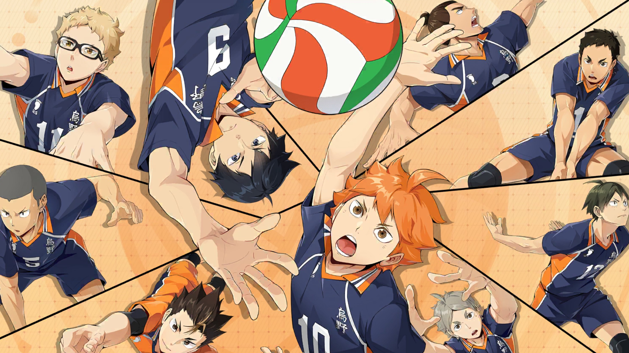 Shoyo Hinata and his teammates arranged in a spiral in the key art for Haikyu Fly High. - 1