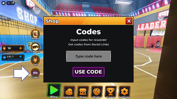 A screenshot of Haikyuu Legends in Roblox showing the game codes button.