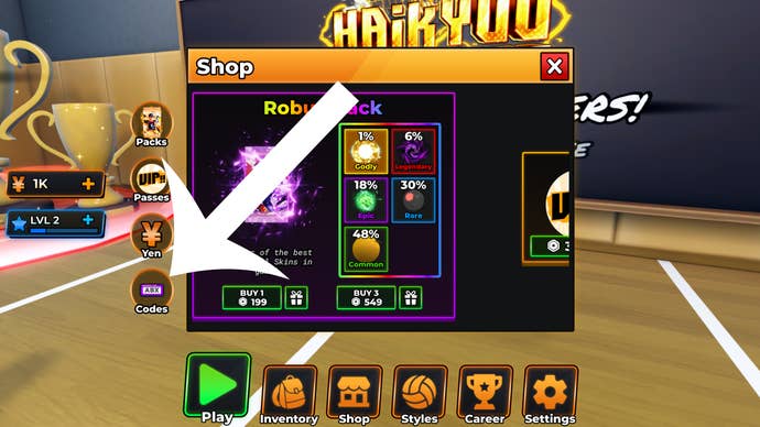 Arrow pointing at the codes button in the Roblox game Haikyuu Legends.