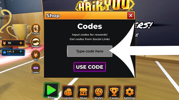 Arrow pointing at the codes menu in the Roblox game Haikyuu Legends.