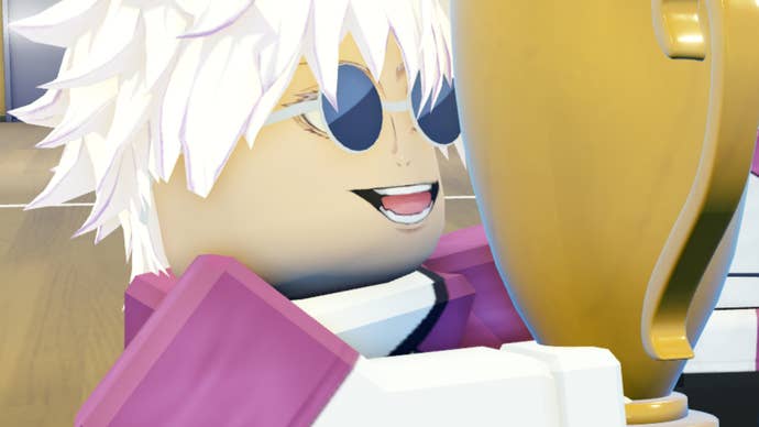 A Roblox character holding a trophy and smiling in the anime-inspired volleyball game Haikyuu Legends.
