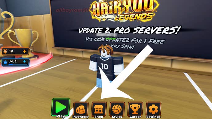 Arrow pointing at the shop button in the Roblox game Haikyuu Legends.
