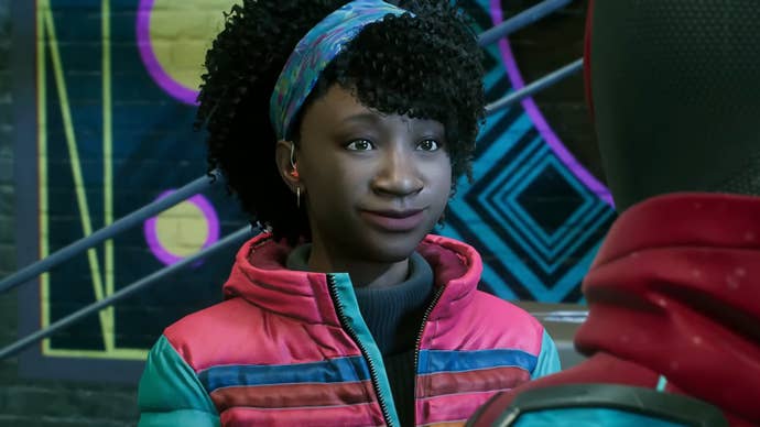 Hailey smiles at Miles (as Spider-Man) in Marvel’s Spider-Man 2