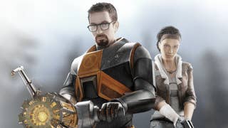 Half-Life 2 artwork showing Gordon Freeman and Alyx Vance posing side-by-side with weapons drawn.