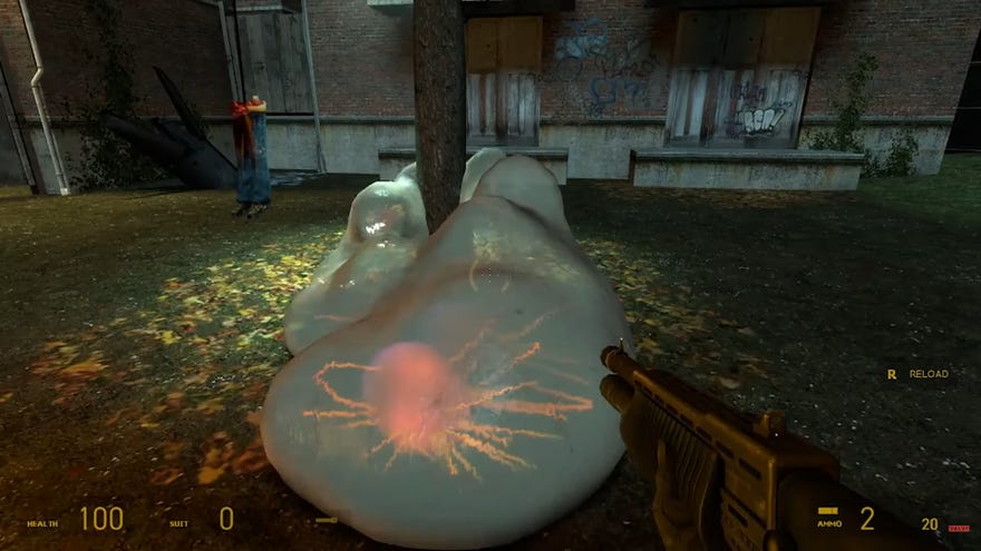 A liquid blob moves around a tree in a Half-Life 2: Epsiode 3 tech demo.