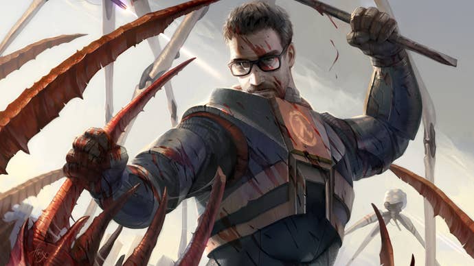 Half-Life 2 key art of Gordon Freeman attacking alien appendages with a crowbar.