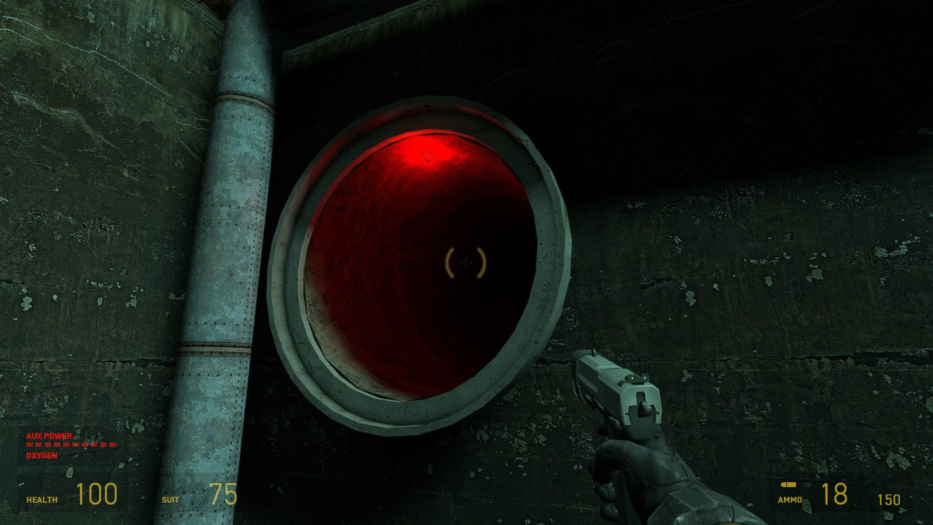 The player faces a large sewer pipe in Half-Life 2, lit with a red light. - 1