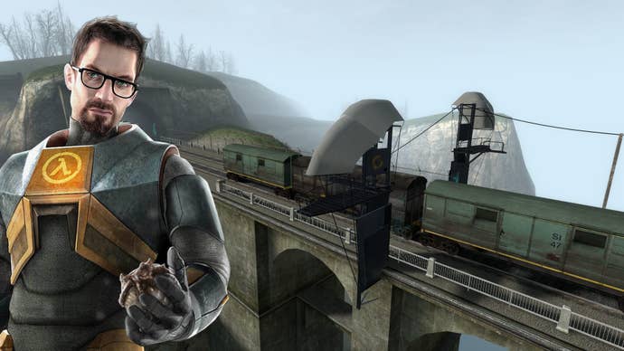 Gordon Freeman stands superimposed supra a span with a derelict bid connected it.