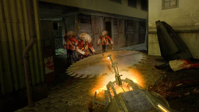 Using the gravity gun to throw a sawblade at headcrab Zombies in Half-Life 2: VR Mod