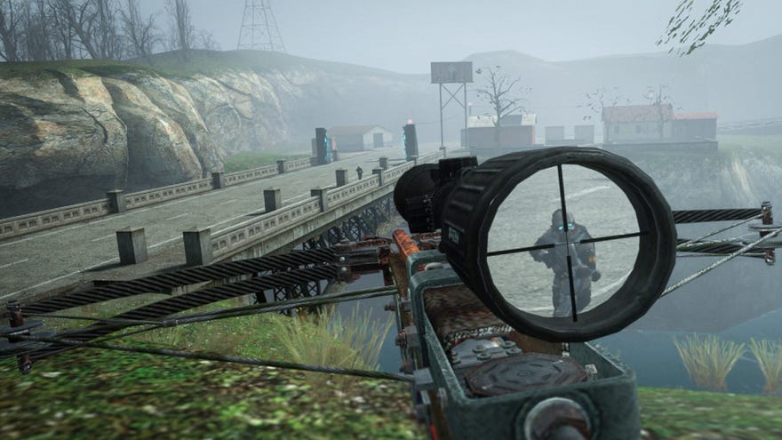 A Combine soldier on a bridge is visible in the distance and in the scope of a crossbow in this VR mod conversion for Half-Life 2.