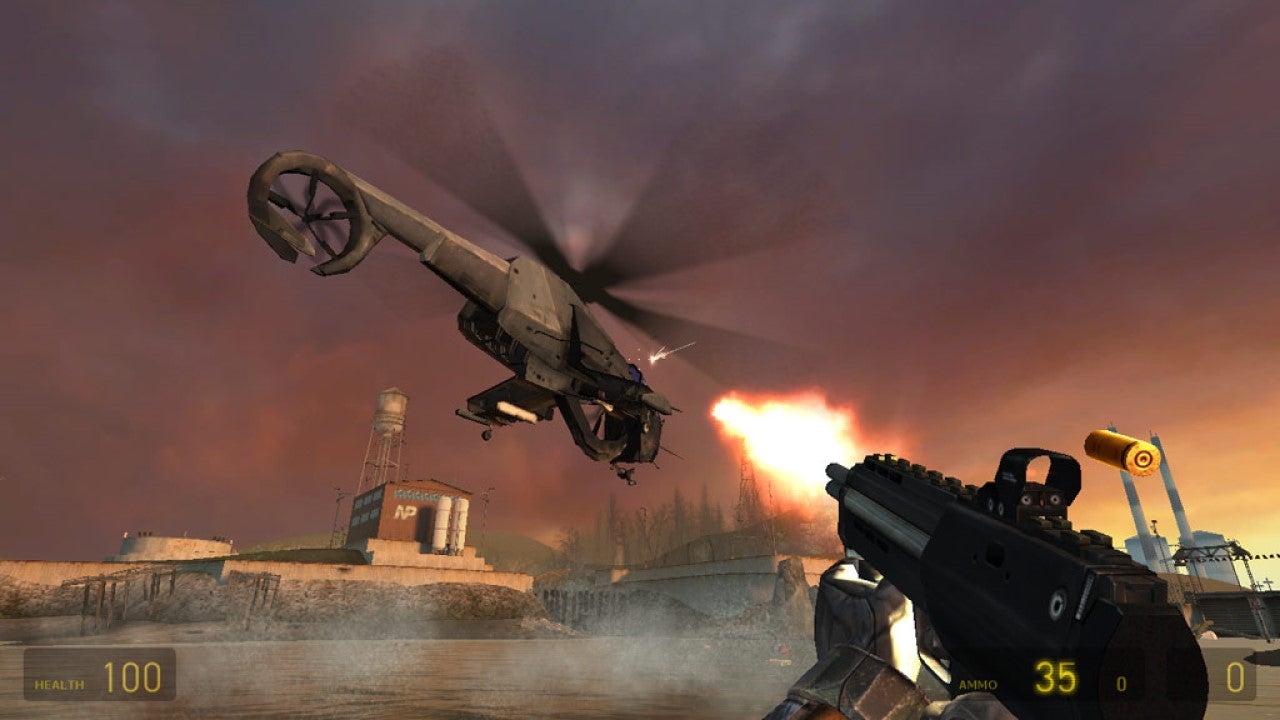 An image from Half Life 2 which shows the player firing an SMG at a helicopter flying over a lake. - 24