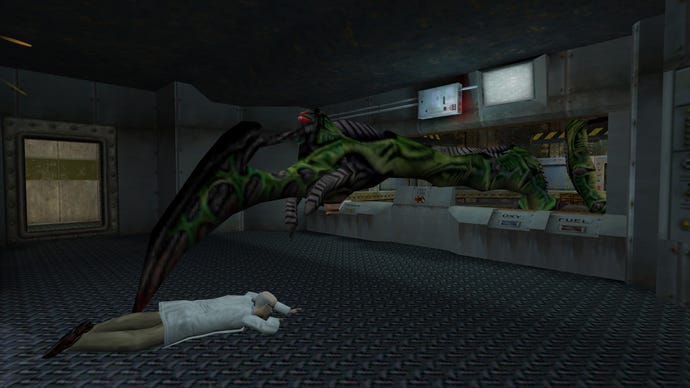 A scientist gets got by the tentacle monster in Half-Life’s Blast Pit.