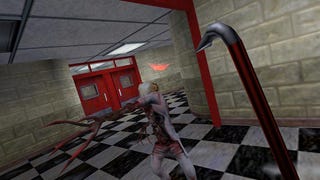 A zombie attacks in a corridor with a chequered floor in Half-Life.