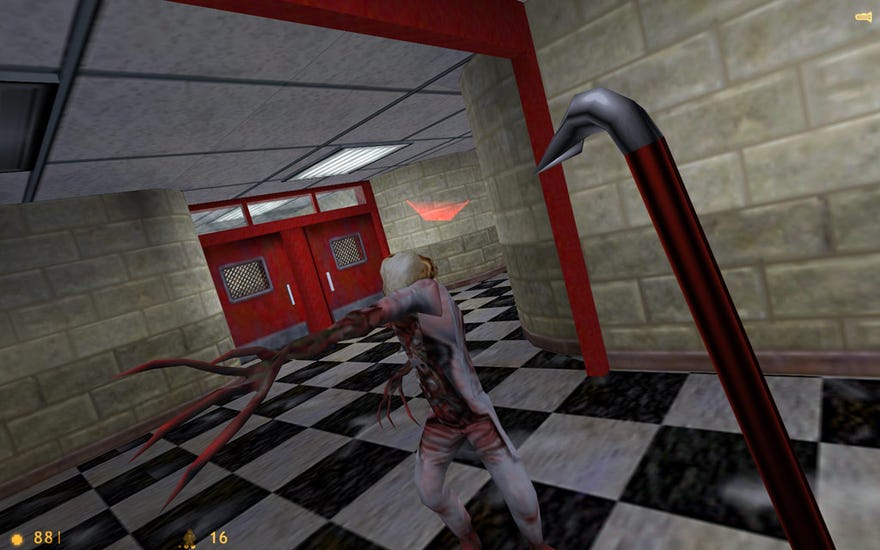 A zombie attacks in a corridor with a chequered floor in Half-Life.