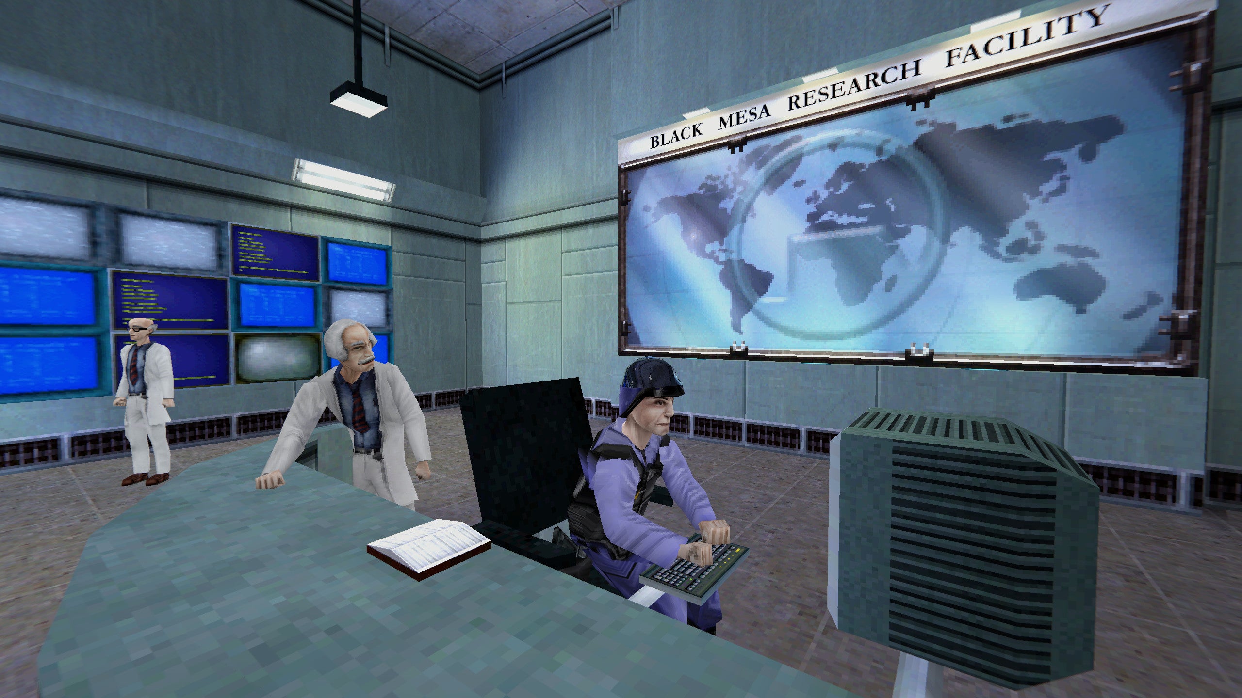 Barney at his desk in a Half-Life: Ray Traced screenshot.