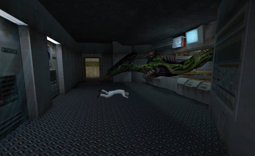 A scientist is dragged away by the Tentacle in Half-Life.