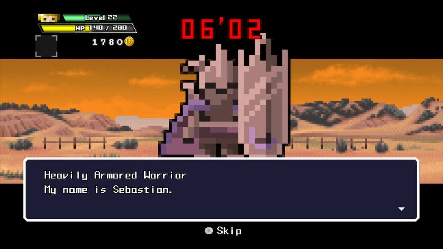 A screen from Half Minute Hero. The text says ‘Heavily armed warrior, my name is Sebastian’.