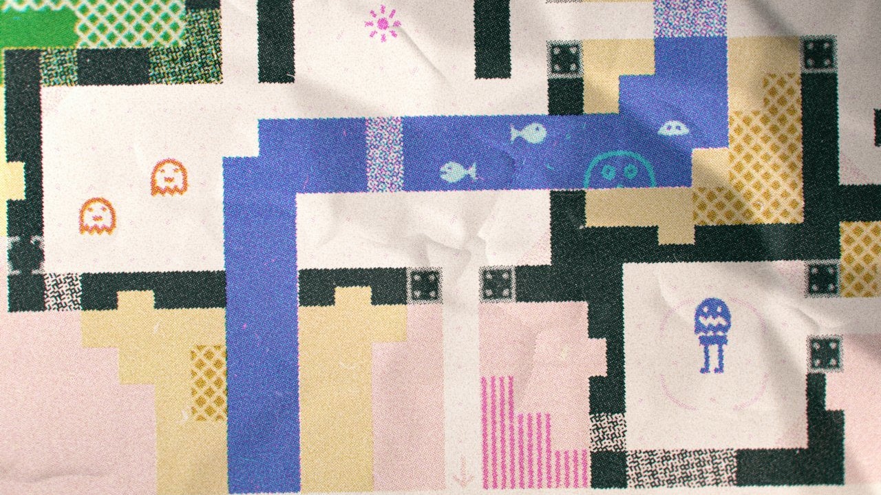 Mockup of a roguelike with Unicode character art, looking like it&rsquo;s a screenshot scanned from a magazine.