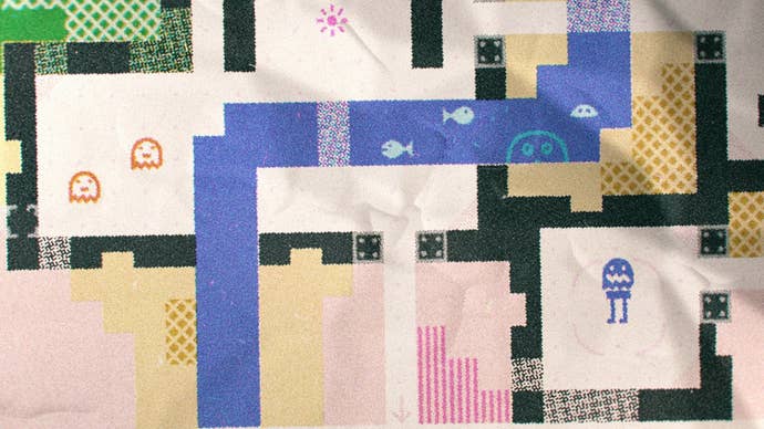 Mockup of a roguelike with Unicode character art, looking like it’s a screenshot scanned from a magazine.