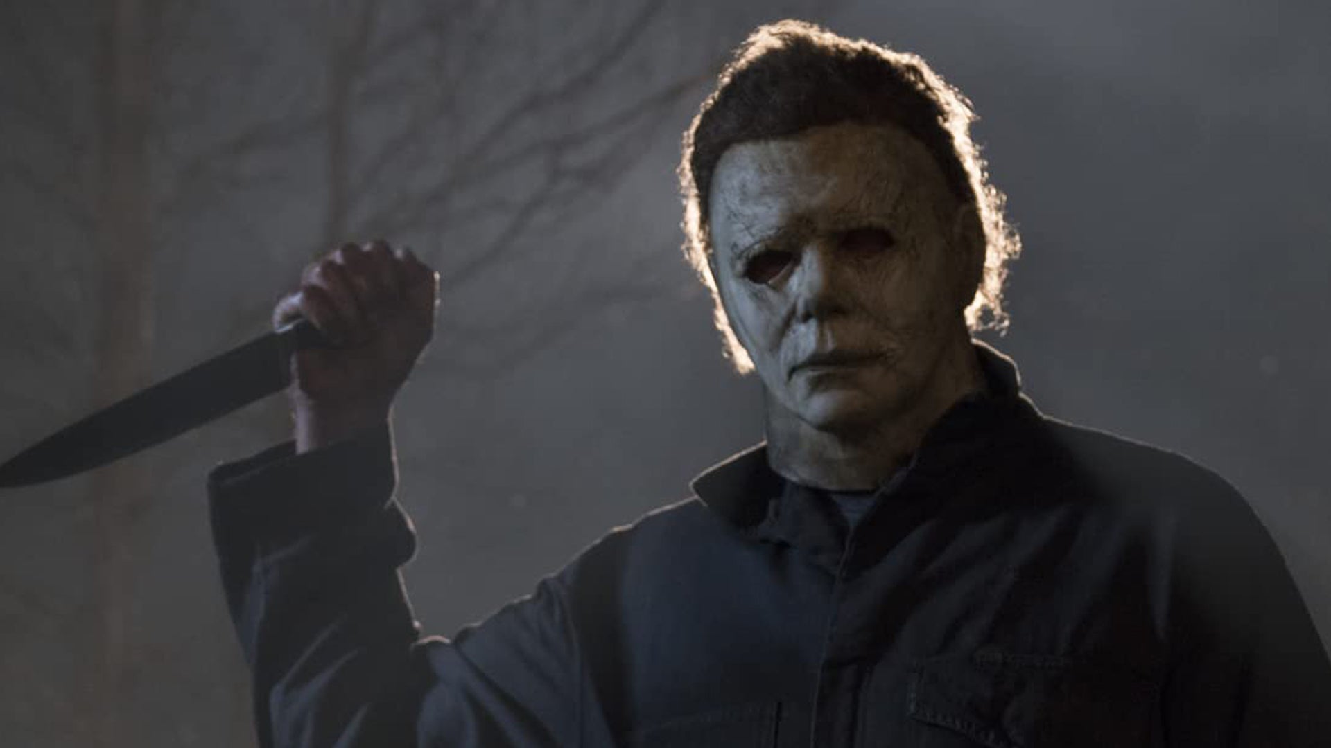 Michael Myers in the original Halloween, he's holding up his classic kitchen knife, it's dark, a light shining behind his head.