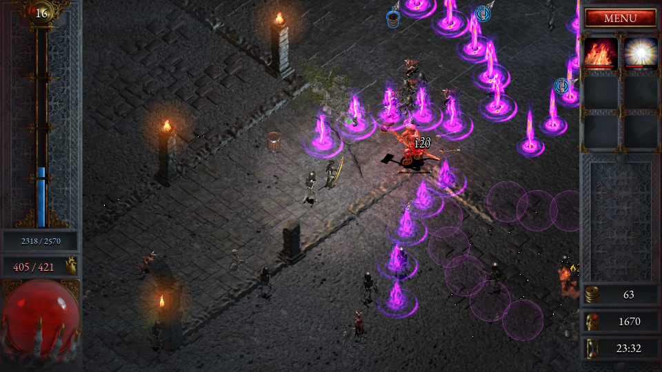 Smashing skeletons in a Halls Of Torment screenshot.