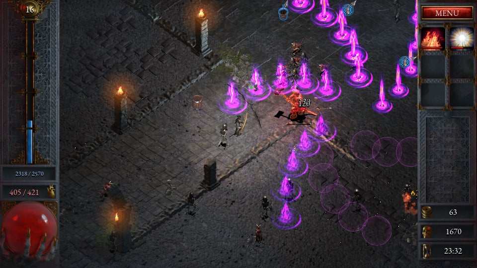 Smashing skeletons in a Halls Of Torment screenshot.