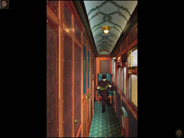 A screenshot of a video game that depicts an old-school train hallway.
