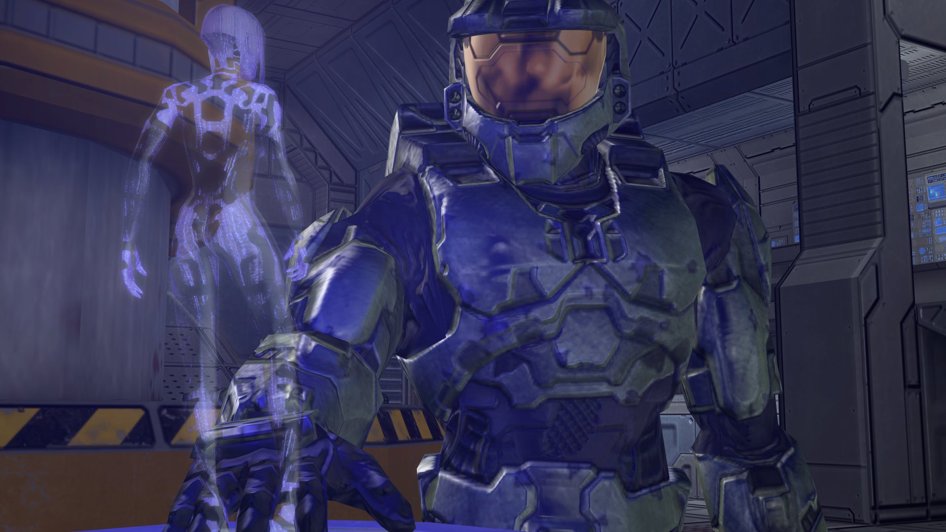 Master Chief looking at a hologram of Cortana in Halo 2.