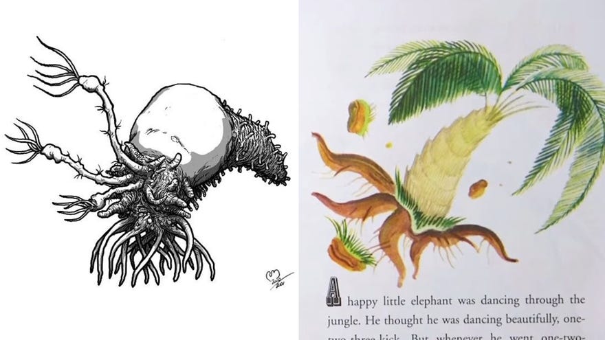 The alien Flood infection form designed by Robert McLees, and the palm tree that inspired it by Gustaf Tenggren