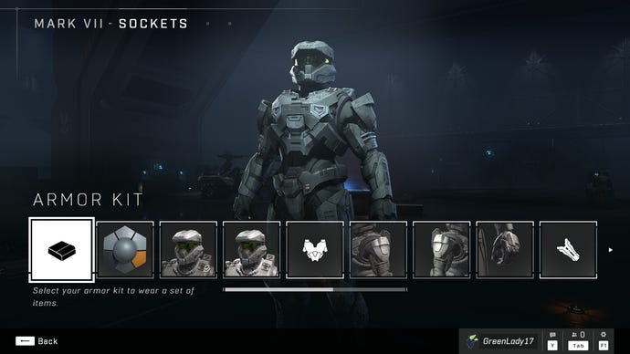 The Armor Hall from Halo Infinite, showing the various customisation sockets for the Mark VII armor core.