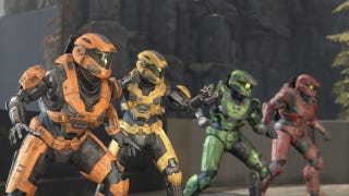 Four spartans line up to kick some butt in multiplayer in Halo Infinite