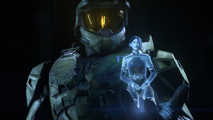 Master Chief holds a bluish Cortana hologram successful Halo Infinite