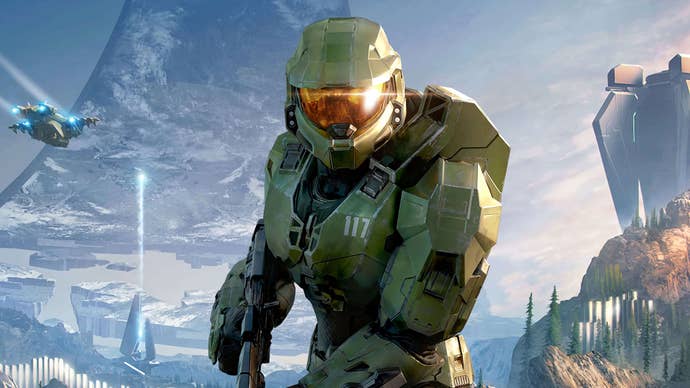 Halo Infinite artwork focused on Master Chief with alien planet in the background