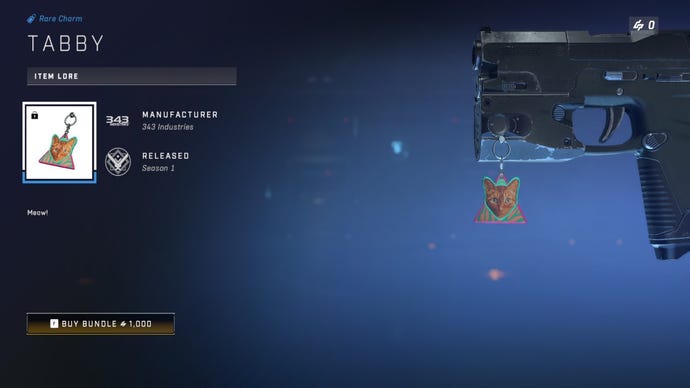A Tabby cat weapon charm dangling from a pistol in Halo Infinite.